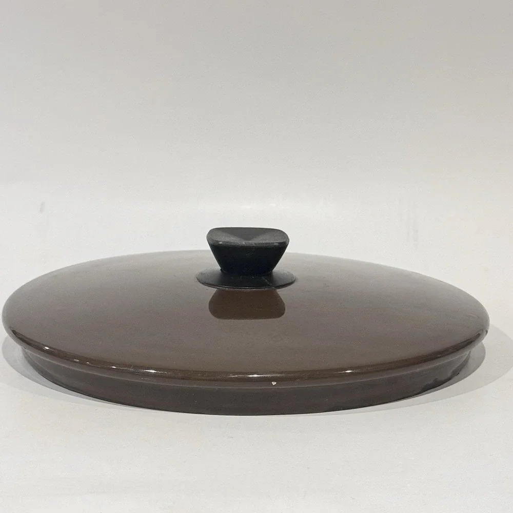 Vintage 70s Enamel Ware Pot w‎ Lid Brown w White Vegetable Pattern
